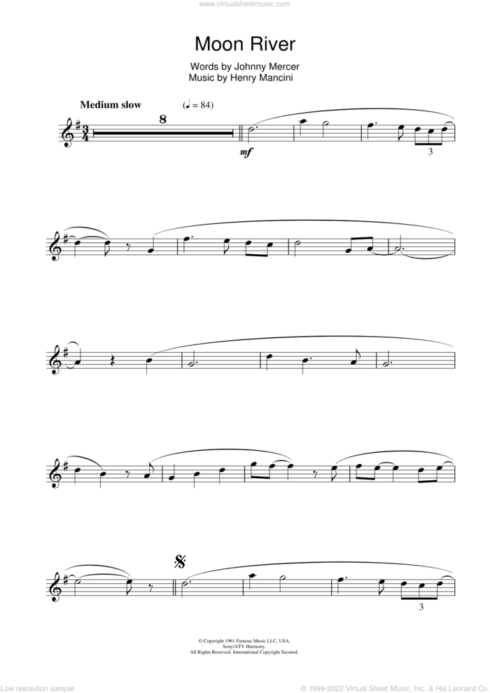 Moon River sheet music for flute solo by Andy Williams, Henry Mancini and Johnny Mercer, intermediate skill level