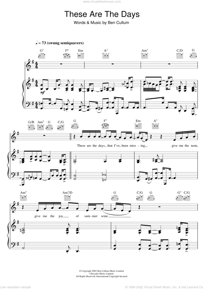 These Are The Days sheet music for violin solo by Jamie Cullum and Ben Cullum, intermediate skill level