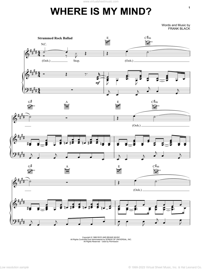 Where Is My Mind? sheet music for voice, piano or guitar by Pixies and Francis Black, intermediate skill level