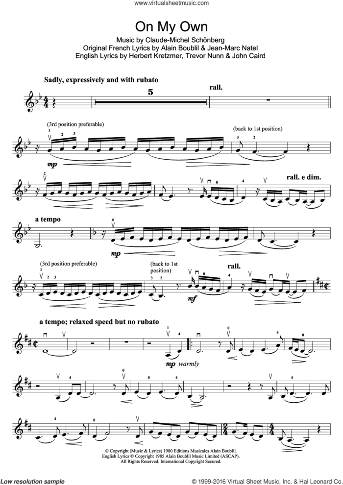 On My Own (from Les Miserables) sheet music for violin solo by Boublil and Schonberg, Alain Boublil, Claude-Michel Schonberg, Herbert Kretzmer, Jean-Marc Natel, John Caird and Trevor Nunn, intermediate skill level