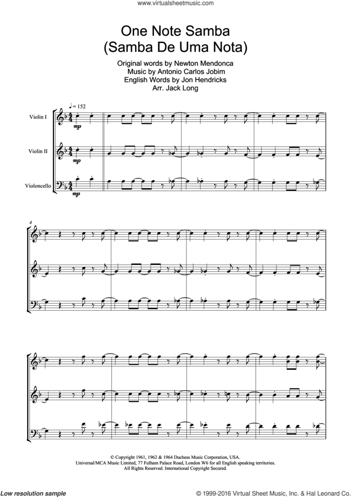 One Note Samba (Samba De Uma Nota) sheet music for violin solo by Antonio Carlos Jobim and Newton Mendonca, intermediate skill level