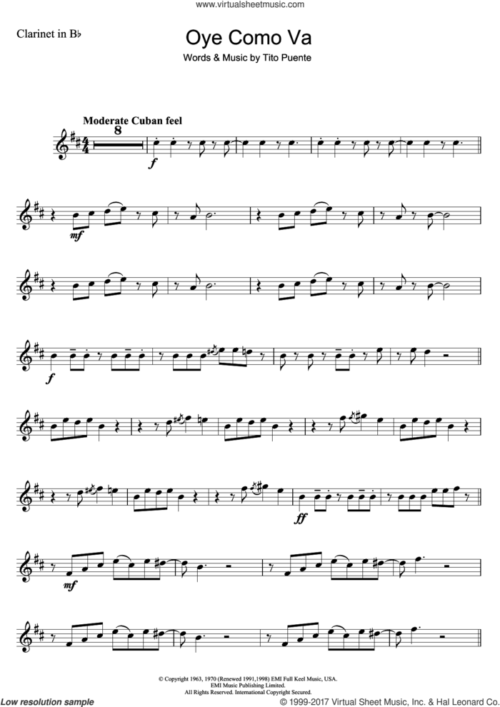 Oye Como Va sheet music for clarinet solo by Tito Puente and Carlos Santana, intermediate skill level
