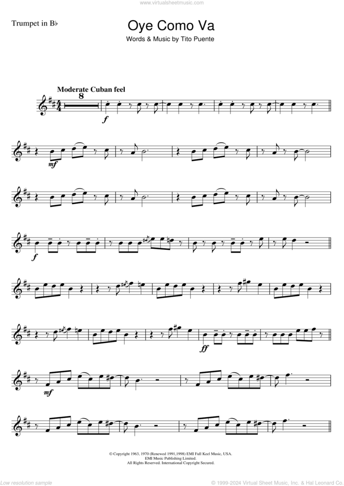 Oye Como Va sheet music for trumpet solo by Tito Puente and Carlos Santana, intermediate skill level