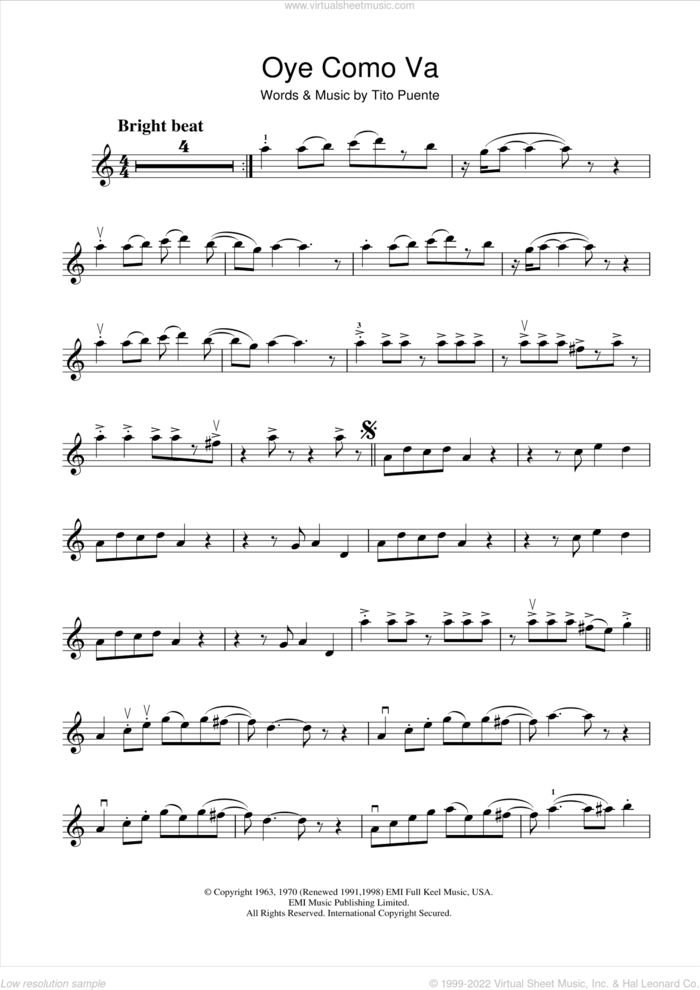 Oye Como Va sheet music for violin solo by Tito Puente and Carlos Santana, intermediate skill level