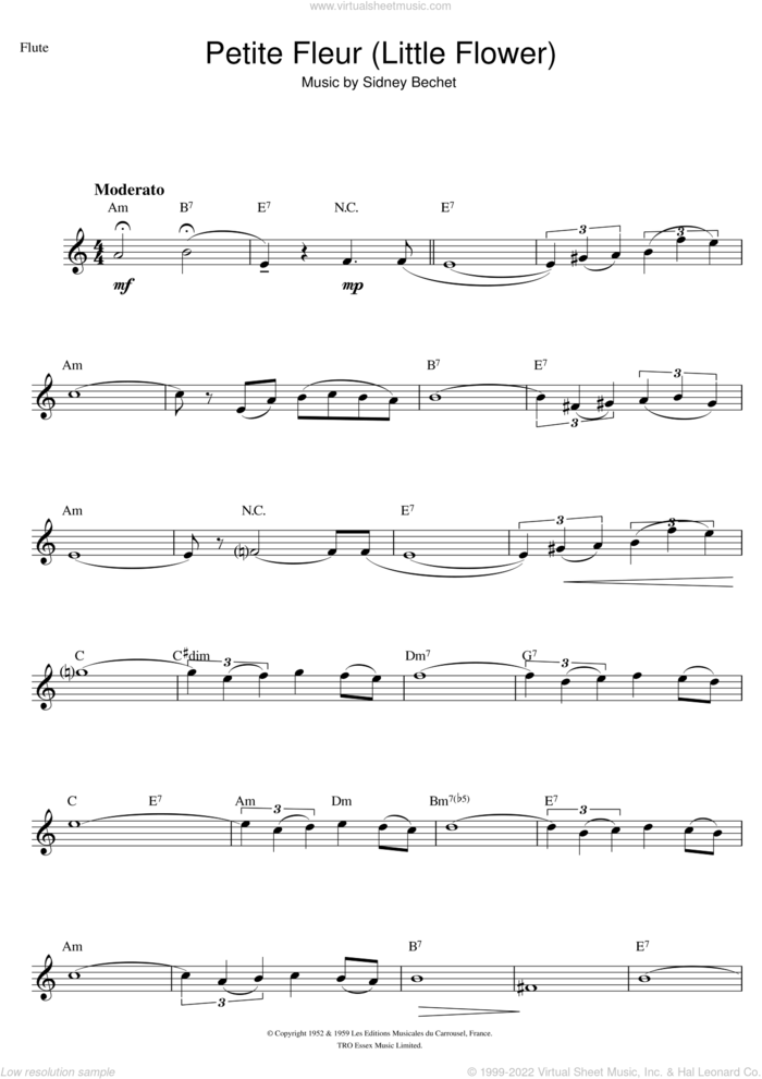 Petite Fleur (Little Flower) sheet music for flute solo by Sidney Bechet, intermediate skill level