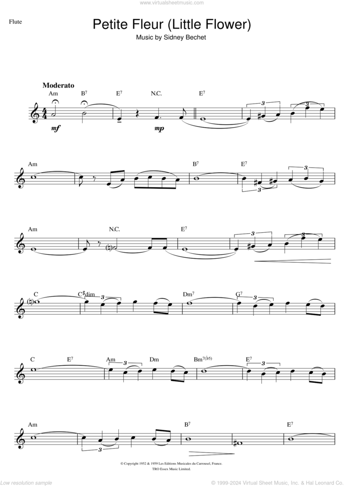 Petite Fleur (Little Flower) sheet music for flute solo by Sidney Bechet, intermediate skill level