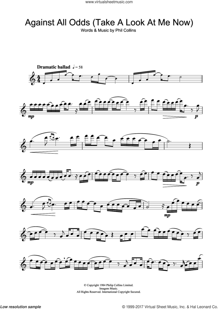Against All Odds (Take A Look At Me Now) sheet music for flute solo by Phil Collins, intermediate skill level