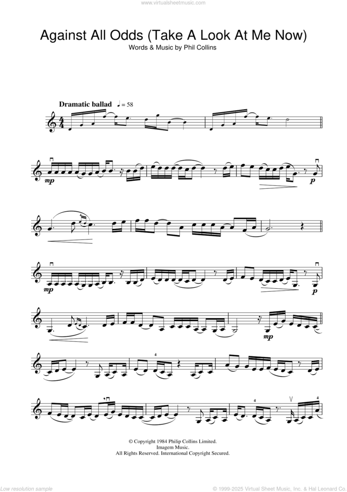 Against All Odds (Take A Look At Me Now) sheet music for violin solo by Phil Collins, intermediate skill level