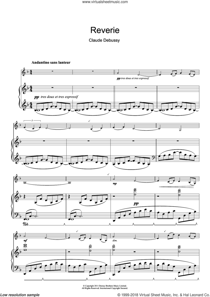 Reverie sheet music for clarinet solo by Claude Debussy, classical score, intermediate skill level