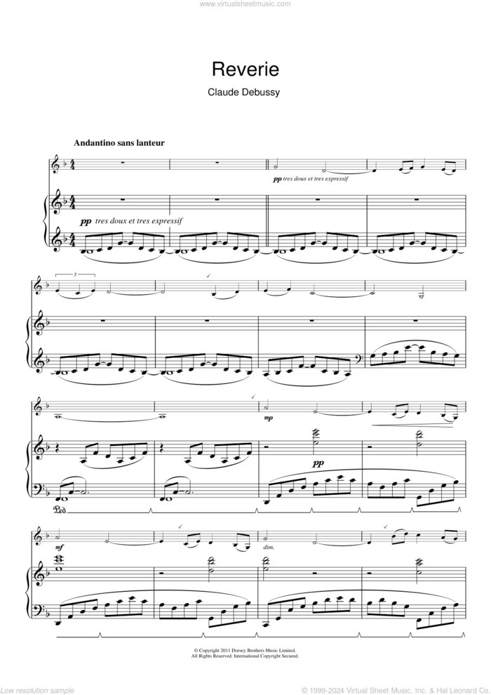 Reverie sheet music for clarinet solo by Claude Debussy, classical score, intermediate skill level