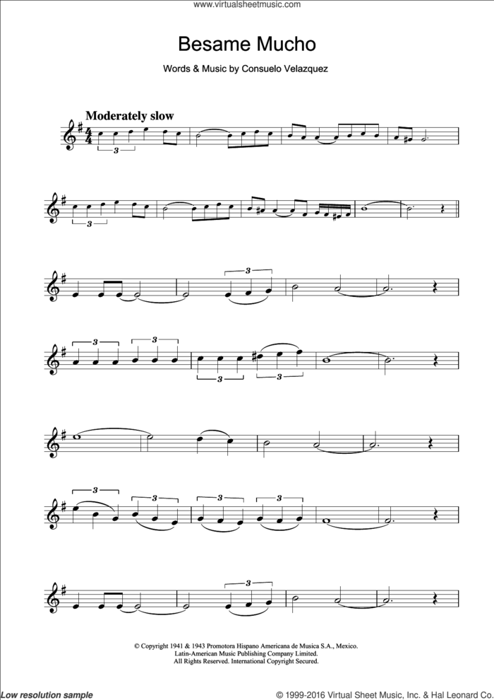Besame Mucho (Kiss Me Much) sheet music for clarinet solo by Consuelo Velazquez and Diana Krall, intermediate skill level