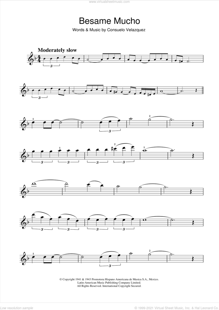 Besame Mucho (Kiss Me Much) sheet music for violin solo by Consuelo Velazquez and Diana Krall, intermediate skill level