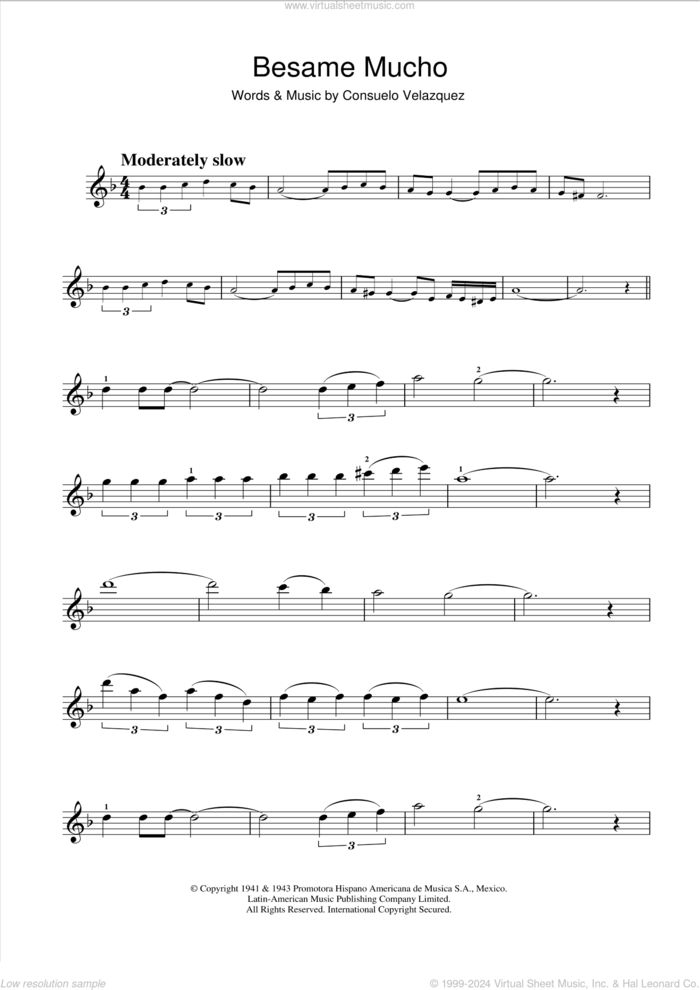 Besame Mucho (Kiss Me Much) sheet music for violin solo by Consuelo Velazquez and Diana Krall, intermediate skill level