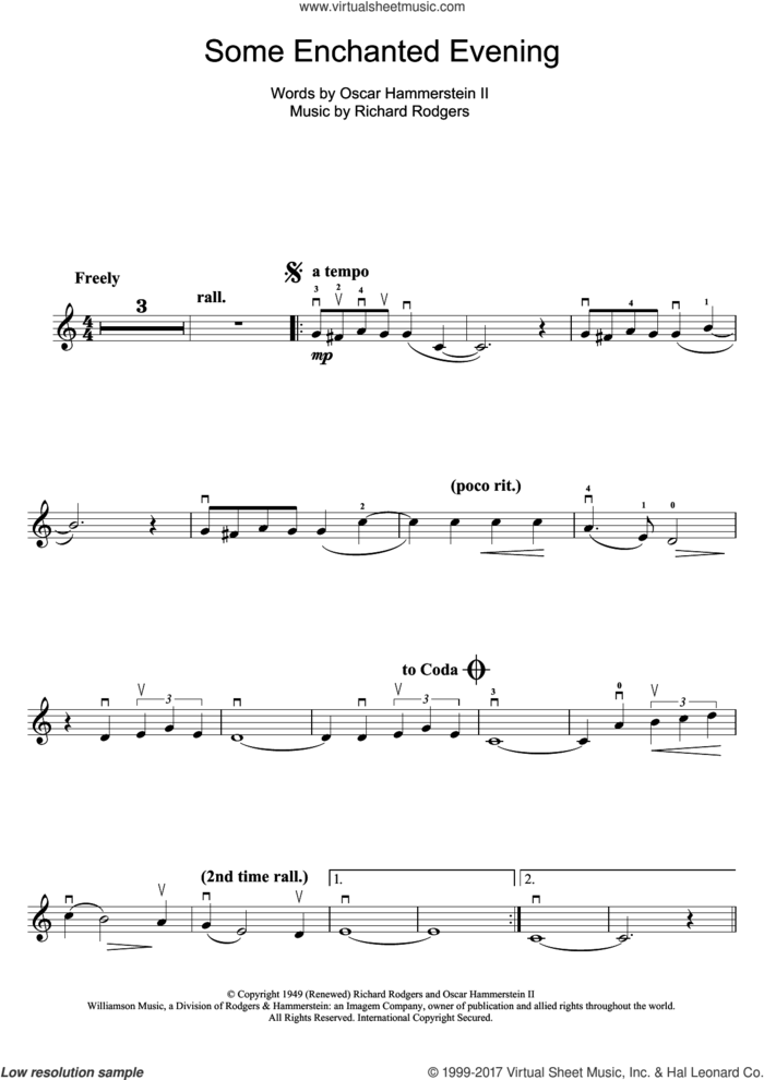 Some Enchanted Evening (from South Pacific) sheet music for violin solo by Rodgers & Hammerstein, Oscar II Hammerstein and Richard Rodgers, intermediate skill level