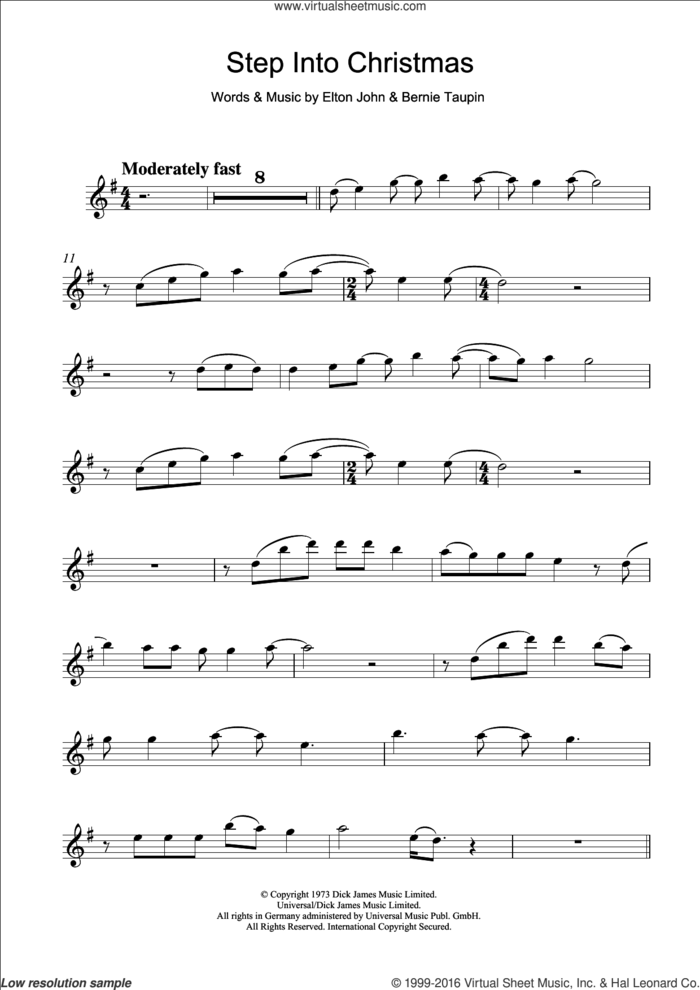 Step Into Christmas sheet music for clarinet solo by Elton John and Bernie Taupin, intermediate skill level