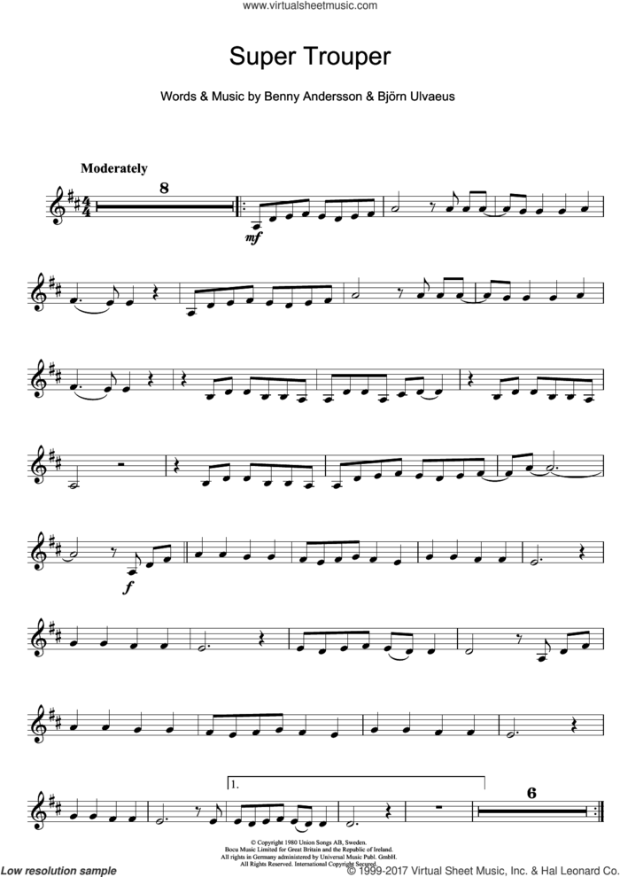 Super Trouper sheet music for clarinet solo by ABBA, Benny Andersson and Bjorn Ulvaeus, intermediate skill level