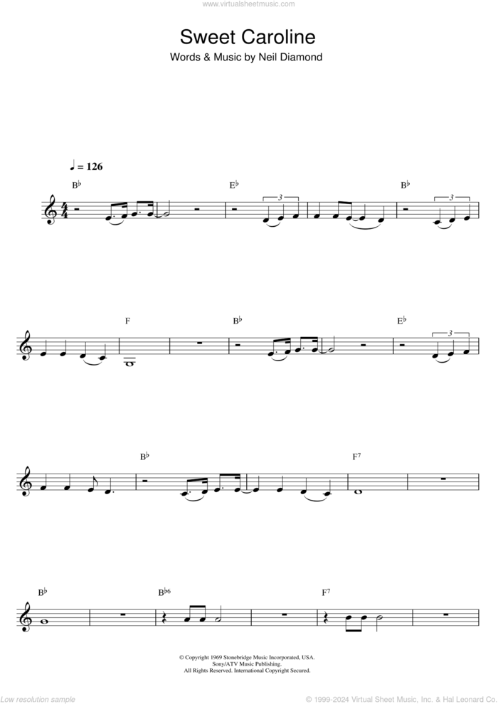 Sweet Caroline sheet music for clarinet solo by Neil Diamond, intermediate skill level