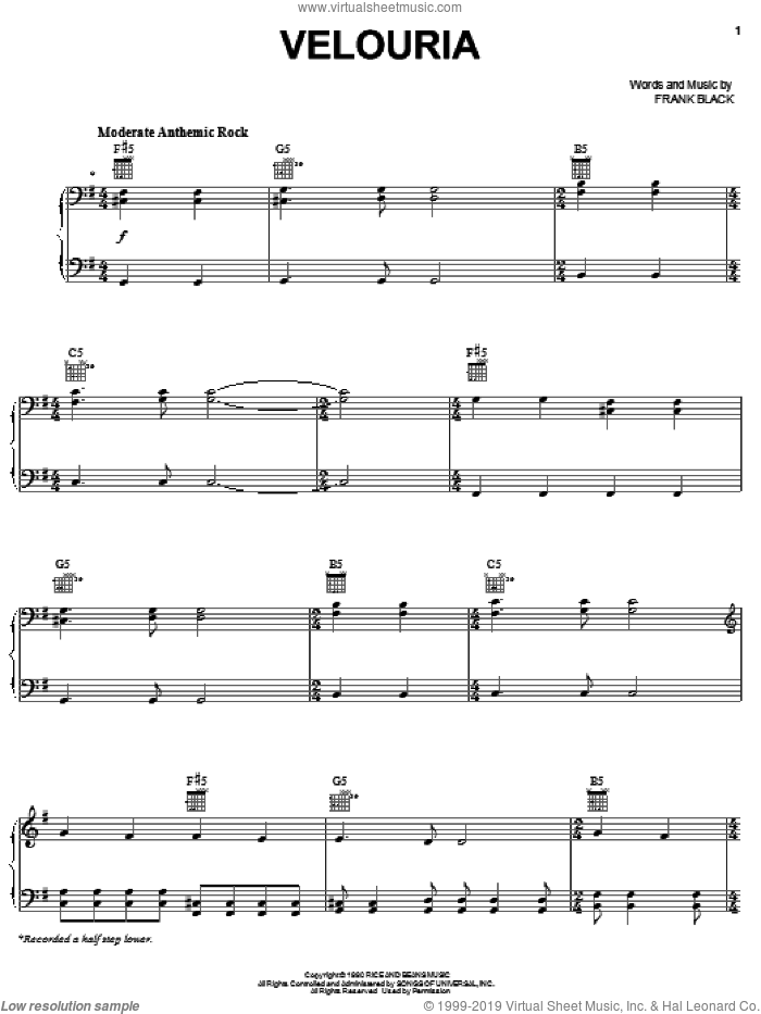 Velouria sheet music for voice, piano or guitar by Pixies and Francis Black, intermediate skill level