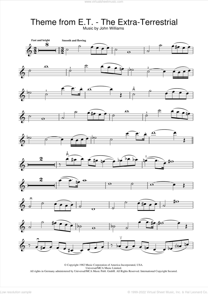 Theme from E.T. - The Extra-Terrestrial sheet music for violin solo by John Williams, intermediate skill level