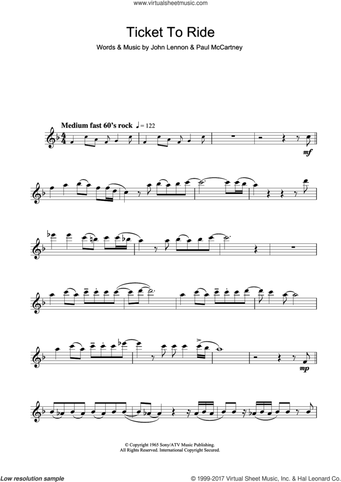 Ticket To Ride sheet music for flute solo by The Beatles, John Lennon and Paul McCartney, intermediate skill level