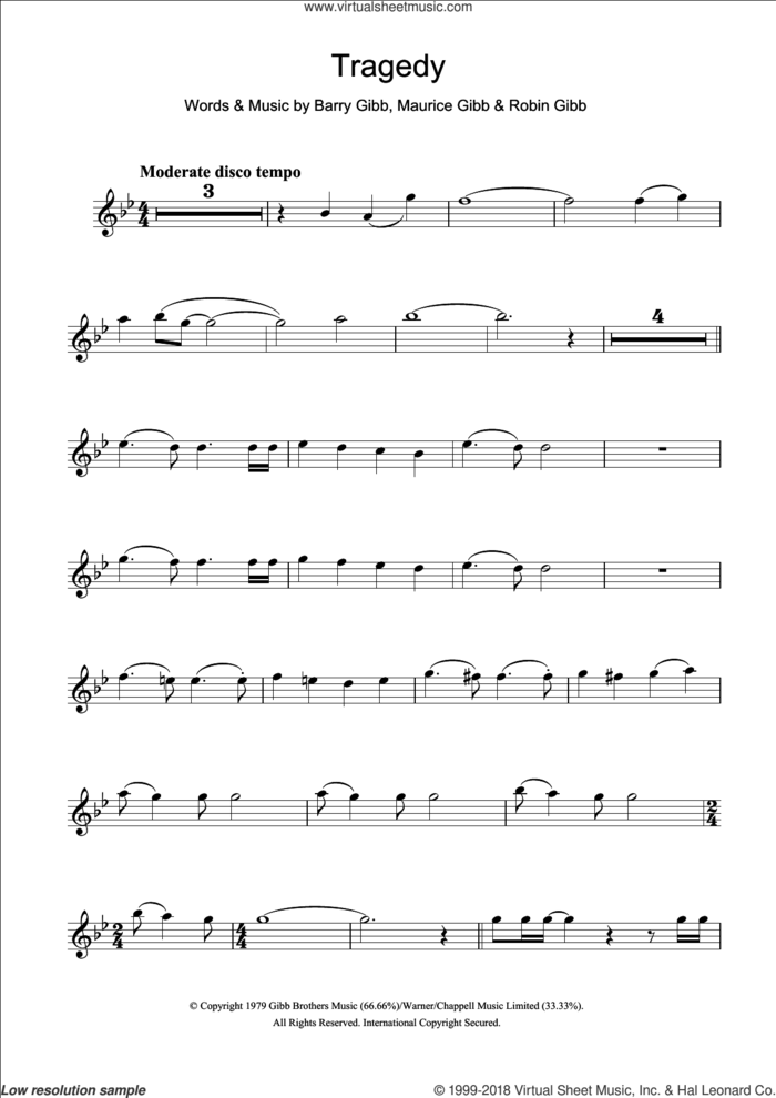 Tragedy sheet music for flute solo by Steps, Bee Gees, Barry Gibb, Maurice Gibb and Robin Gibb, intermediate skill level