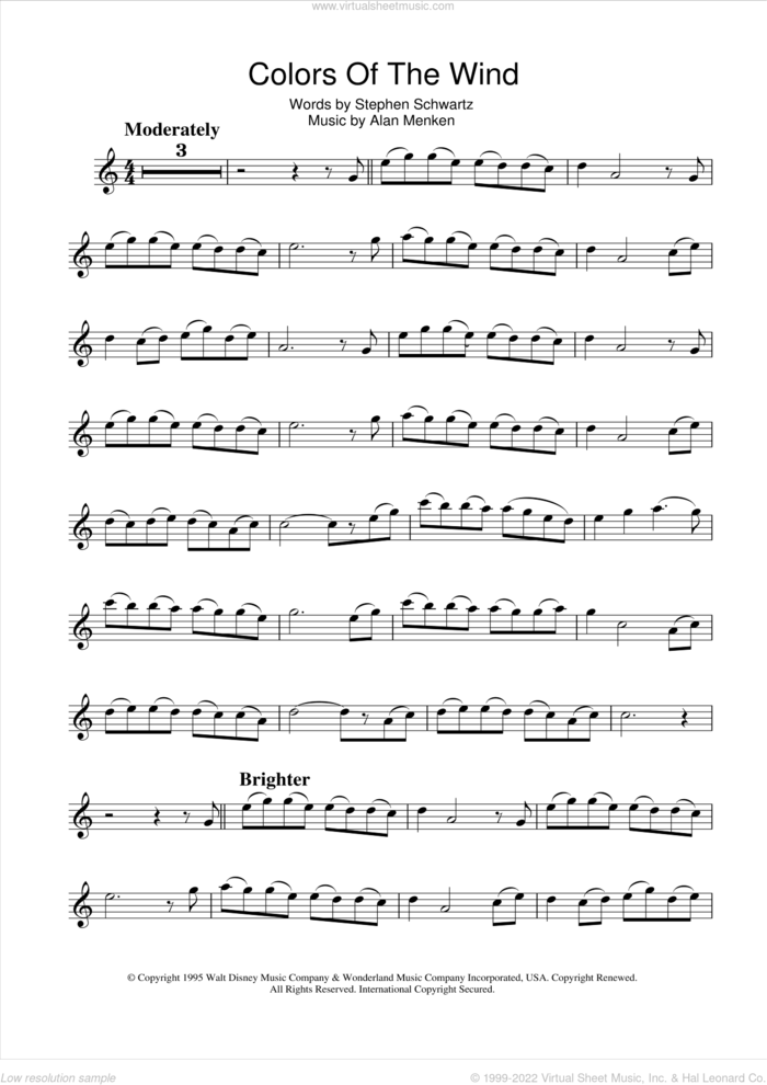 Colors Of The Wind (from Pocahontas) sheet music for flute solo by Vanessa Williams, Alan Menken and Stephen Schwartz, intermediate skill level