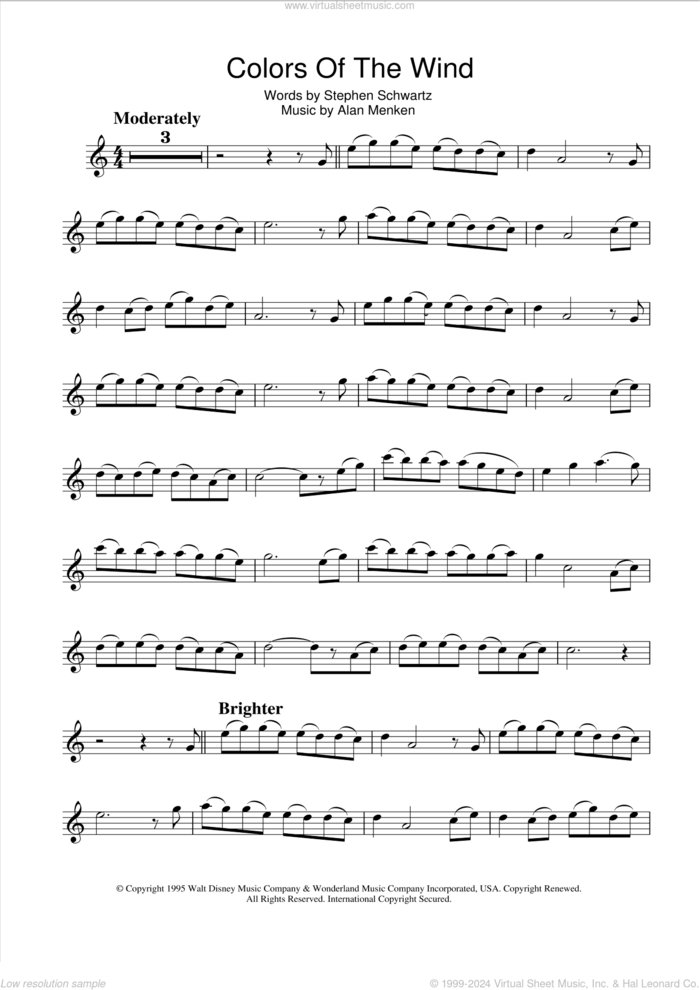 Colors Of The Wind (from Pocahontas) sheet music for flute solo by Vanessa Williams, Alan Menken and Stephen Schwartz, intermediate skill level