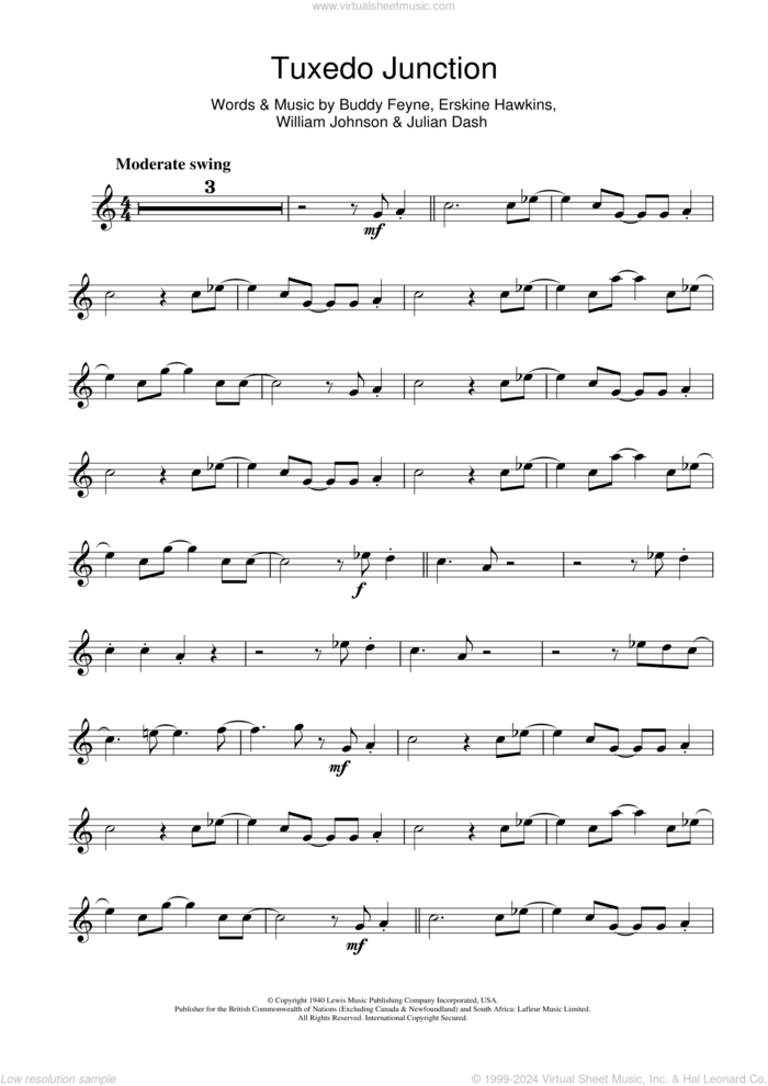 Tuxedo Junction sheet music for clarinet solo by Glenn Miller, Buddy Feyne, Erskine Hawkins, Julian Dash and William Johnson, intermediate skill level