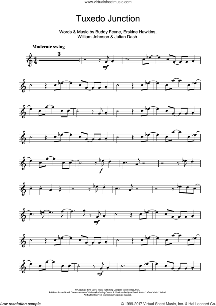 Tuxedo Junction sheet music for tenor saxophone solo by Glenn Miller, Buddy Feyne, Erskine Hawkins, Julian Dash and William Johnson, intermediate skill level