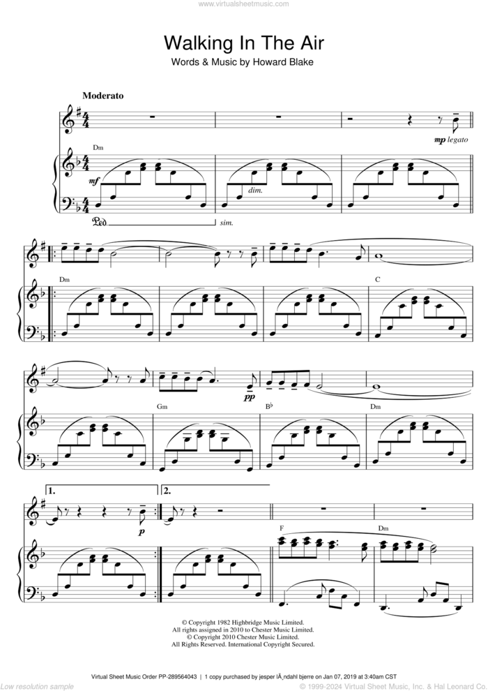 Walking In The Air (theme from The Snowman) sheet music for clarinet solo by Howard Blake and Aled Jones, intermediate skill level