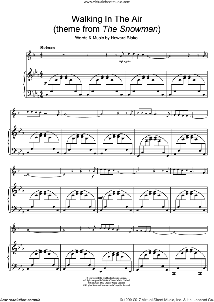 Walking In The Air (theme from The Snowman) sheet music for trumpet solo by Howard Blake and Aled Jones, intermediate skill level