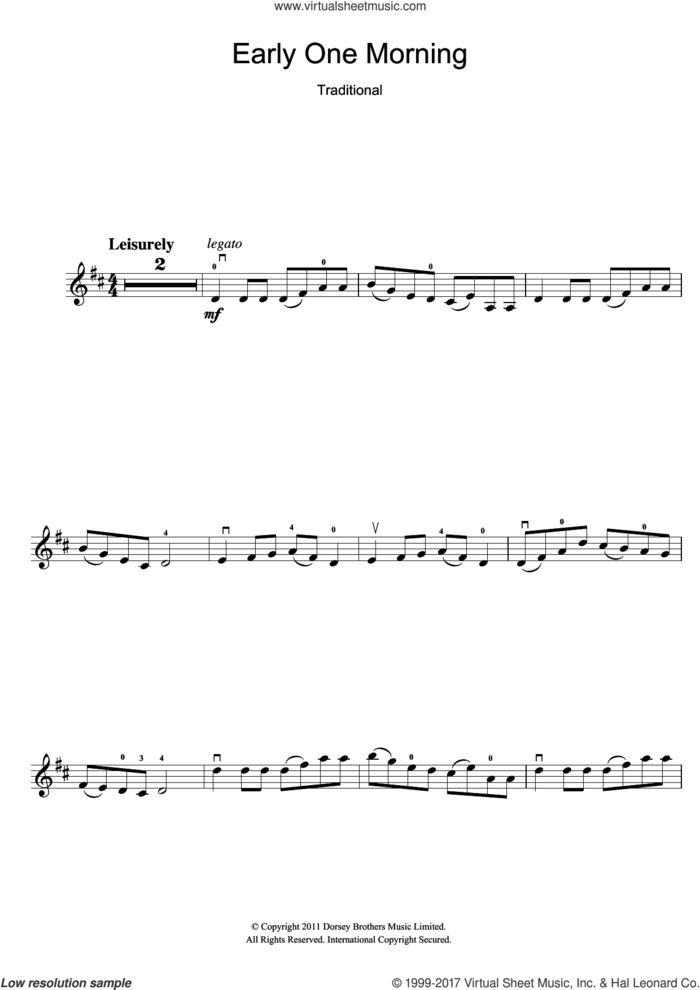 Early One Morning sheet music for violin solo, intermediate skill level