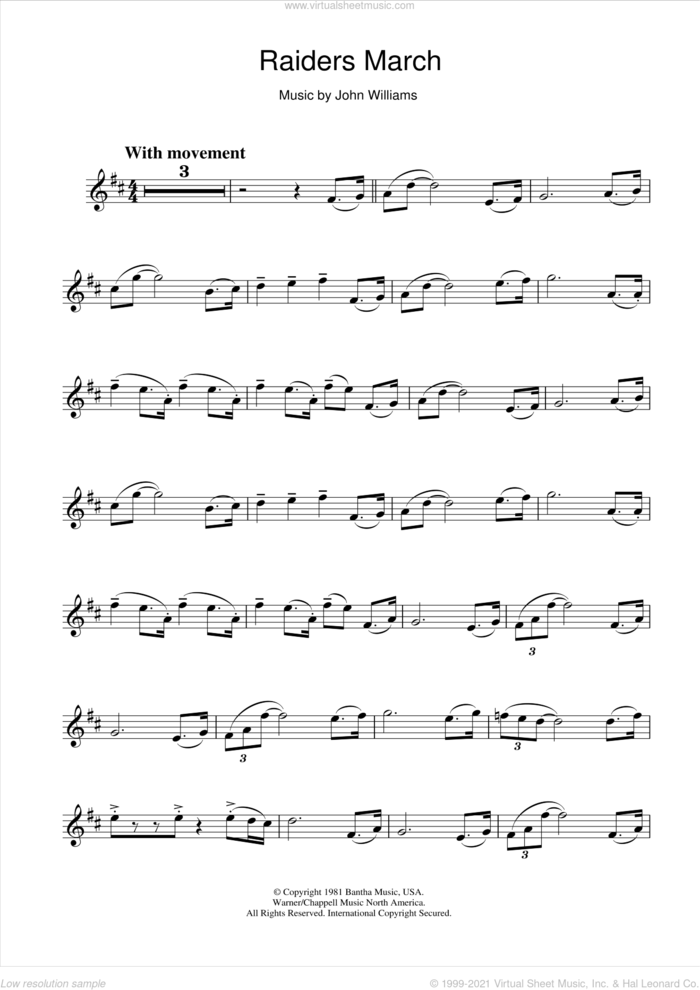 Raiders March (from Raiders Of The Lost Ark) sheet music for clarinet solo by John Williams, intermediate skill level