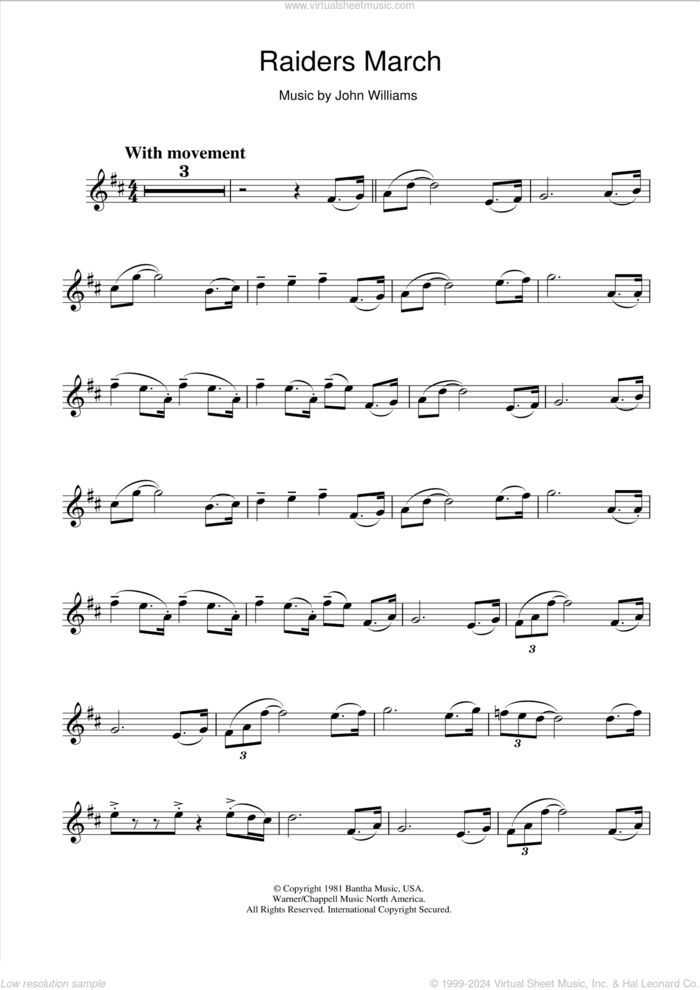 Raiders March (from Raiders Of The Lost Ark) sheet music for clarinet solo by John Williams, intermediate skill level