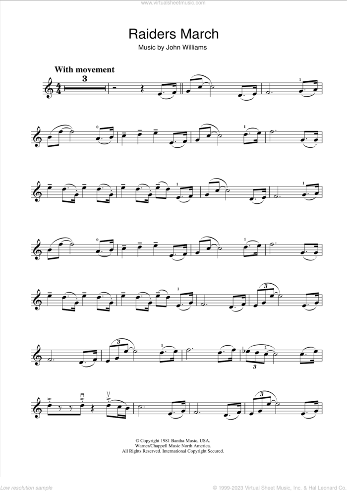 Raiders March (from Raiders Of The Lost Ark) sheet music for violin solo by John Williams, intermediate skill level