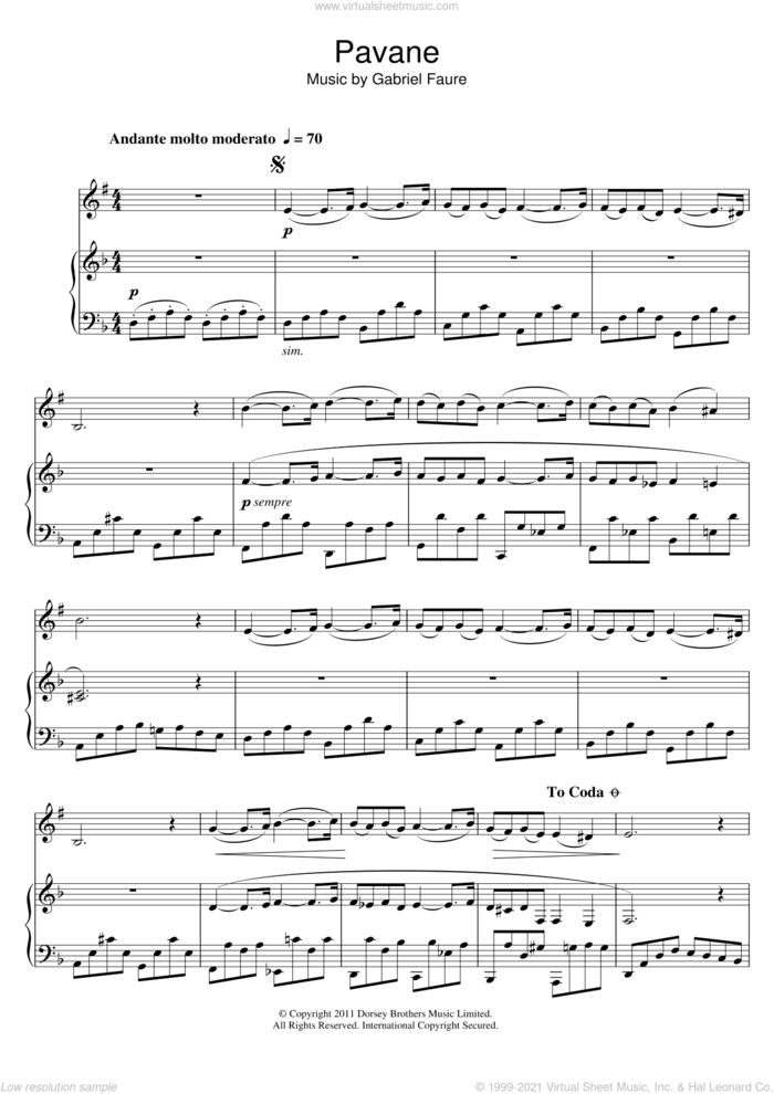 Pavane sheet music for clarinet solo by Gabriel Faure, classical score, intermediate skill level