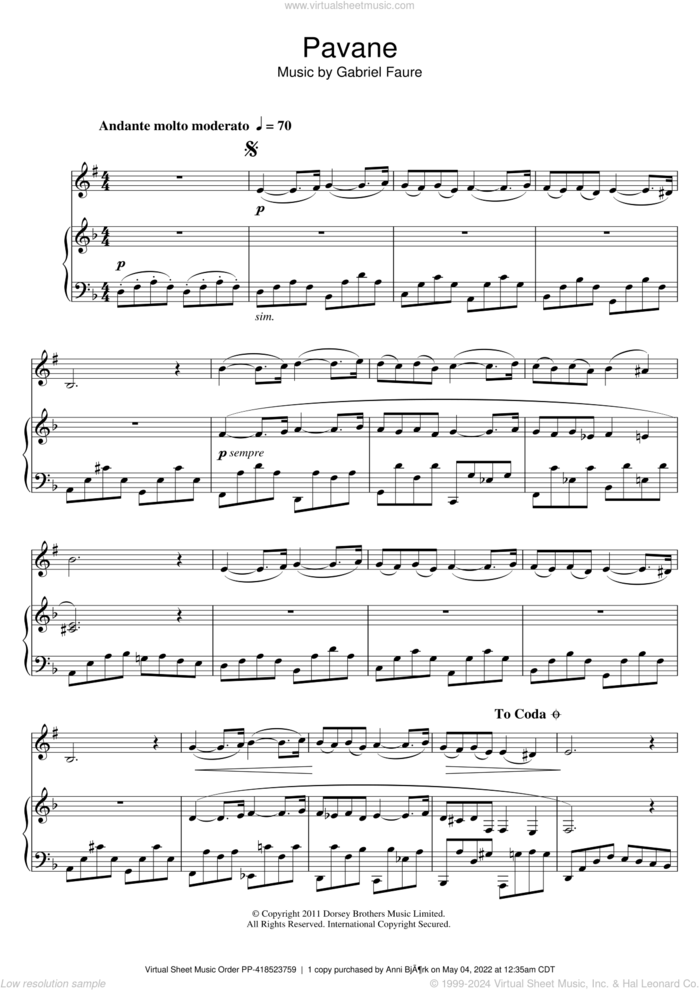 Pavane sheet music for clarinet solo by Gabriel Faure, classical score, intermediate skill level