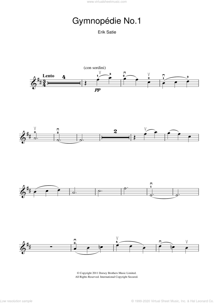 Gymnopedie No. 1 sheet music for violin solo by Erik Satie, classical score, intermediate skill level