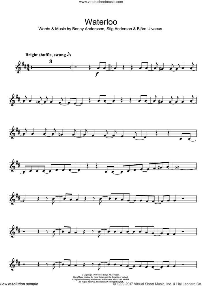 Waterloo sheet music for clarinet solo by ABBA, Benny Andersson, Bjorn Ulvaeus and Stig Anderson, intermediate skill level