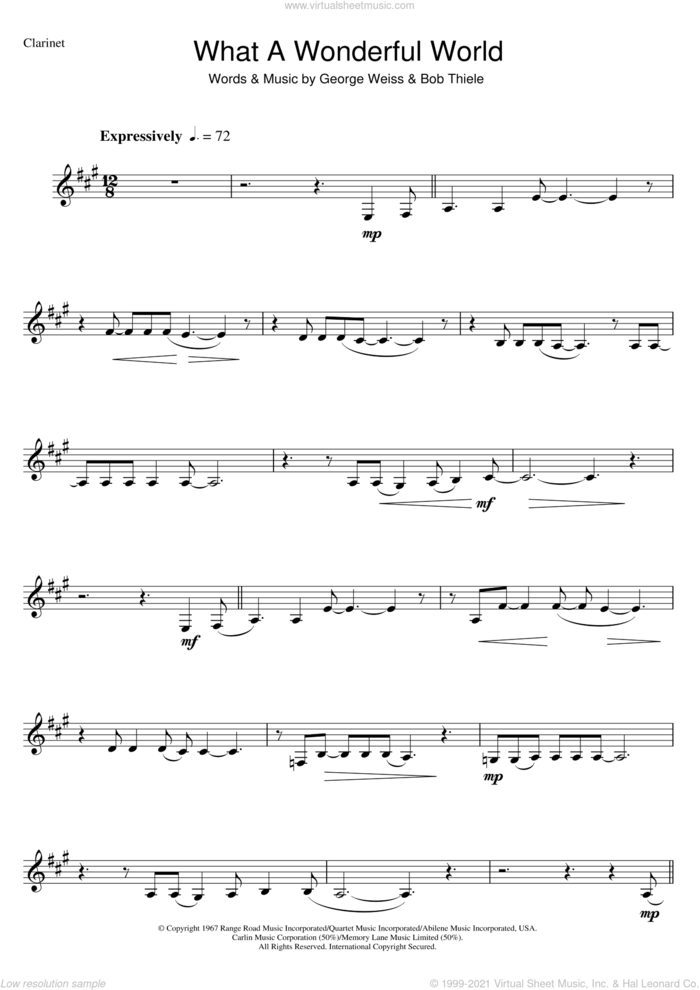 What A Wonderful World sheet music for clarinet solo by Louis Armstrong, Bob Thiele and George David Weiss, intermediate skill level