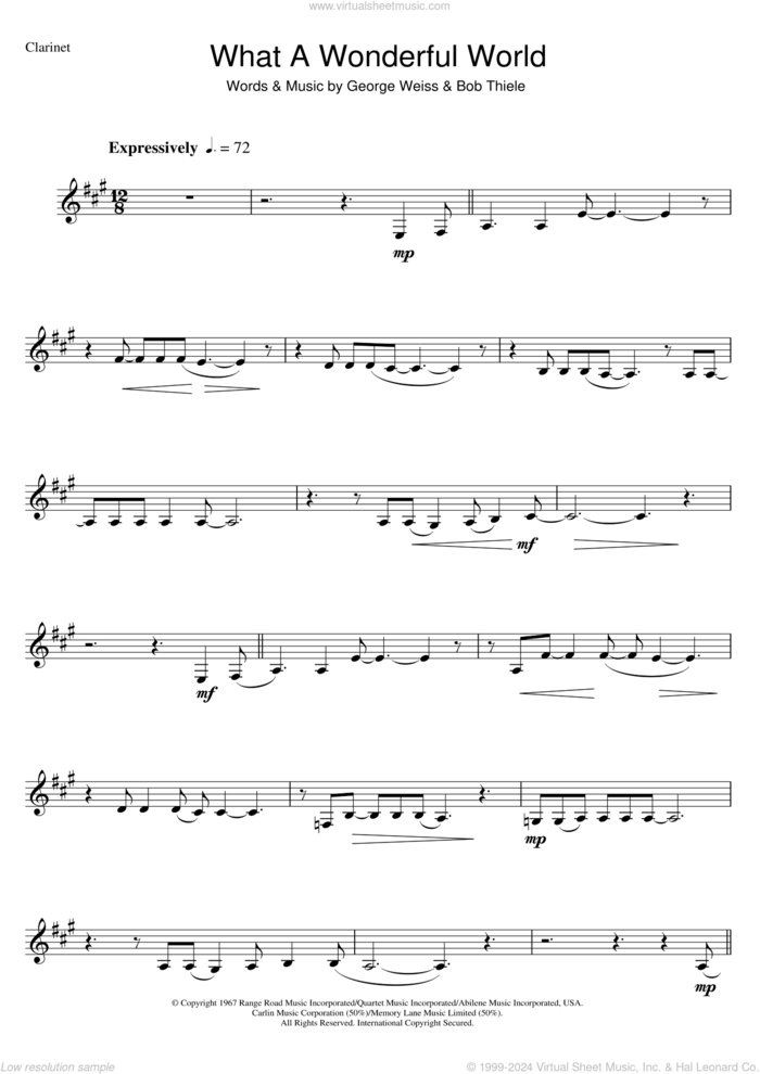 What A Wonderful World sheet music for clarinet solo by Louis Armstrong, Bob Thiele and George David Weiss, intermediate skill level