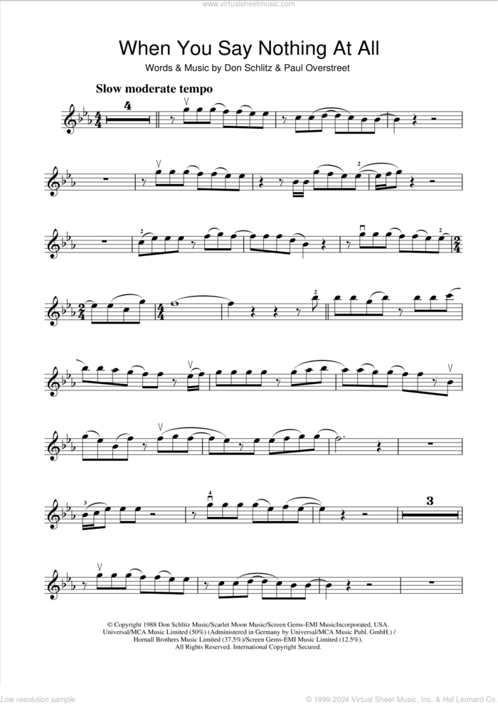 When You Say Nothing At All sheet music for violin solo by Alison Krauss, Keith Whitley, Ronan Keating, Don Schlitz and Paul Overstreet, intermediate skill level