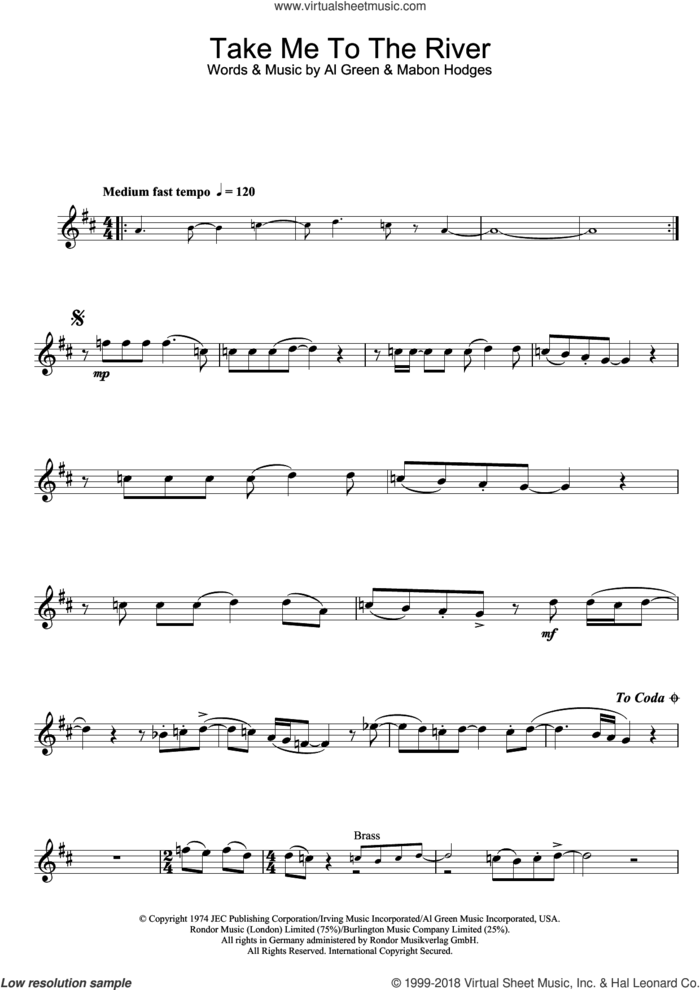Take Me To The River sheet music for flute solo by Al Green and Mabon Hodges, intermediate skill level