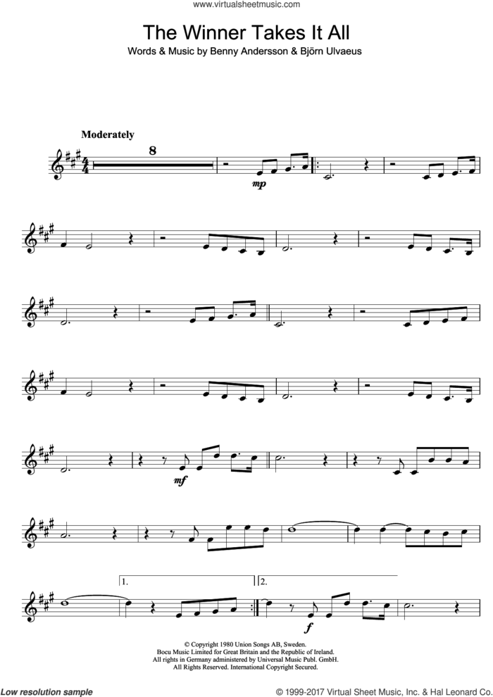 The Winner Takes It All sheet music for clarinet solo by ABBA, Benny Andersson and Bjorn Ulvaeus, intermediate skill level