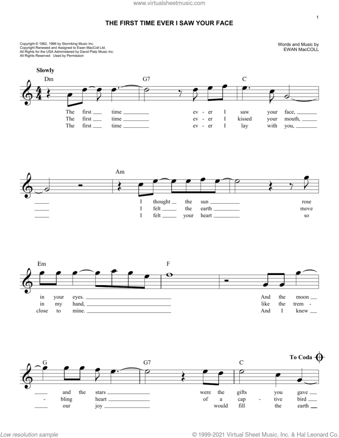 The First Time Ever I Saw Your Face sheet music for voice and other instruments (fake book) by Roberta Flack and Ewan MacColl, wedding score, easy skill level
