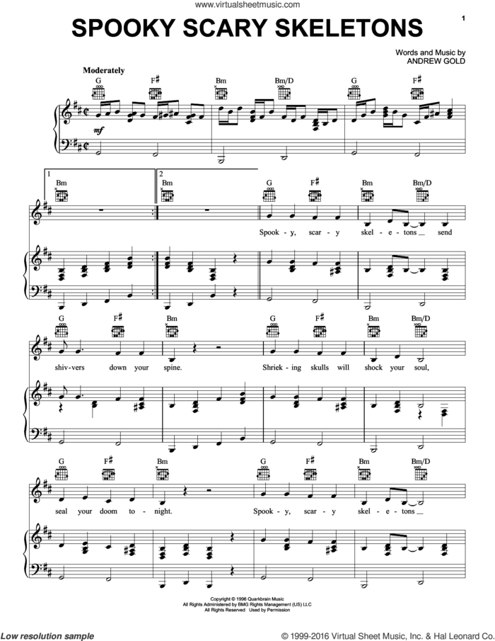 Spooky Scary Skeletons sheet music for voice, piano or guitar by Andrew Gold, intermediate skill level