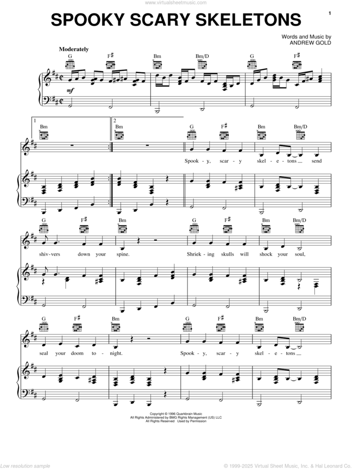 Spooky Scary Skeletons sheet music for voice, piano or guitar by Andrew Gold, intermediate skill level