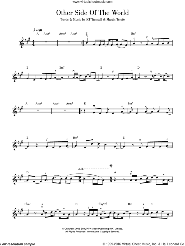 Other Side Of The World sheet music for violin solo by KT Tunstall and Martin Terefe, intermediate skill level