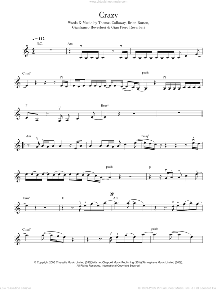 Crazy sheet music for violin solo by Gnarls Barkley, Brian Burton, Gian Piero Reverberi, Gianfranco Reverberi and Thomas Callaway, intermediate skill level