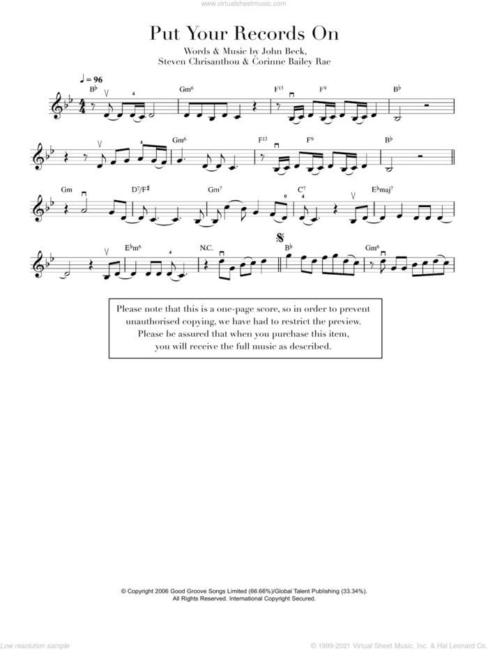 Put Your Records On sheet music for violin solo by Corinne Bailey Rae, John Beck and Steven Chrisanthou, intermediate skill level
